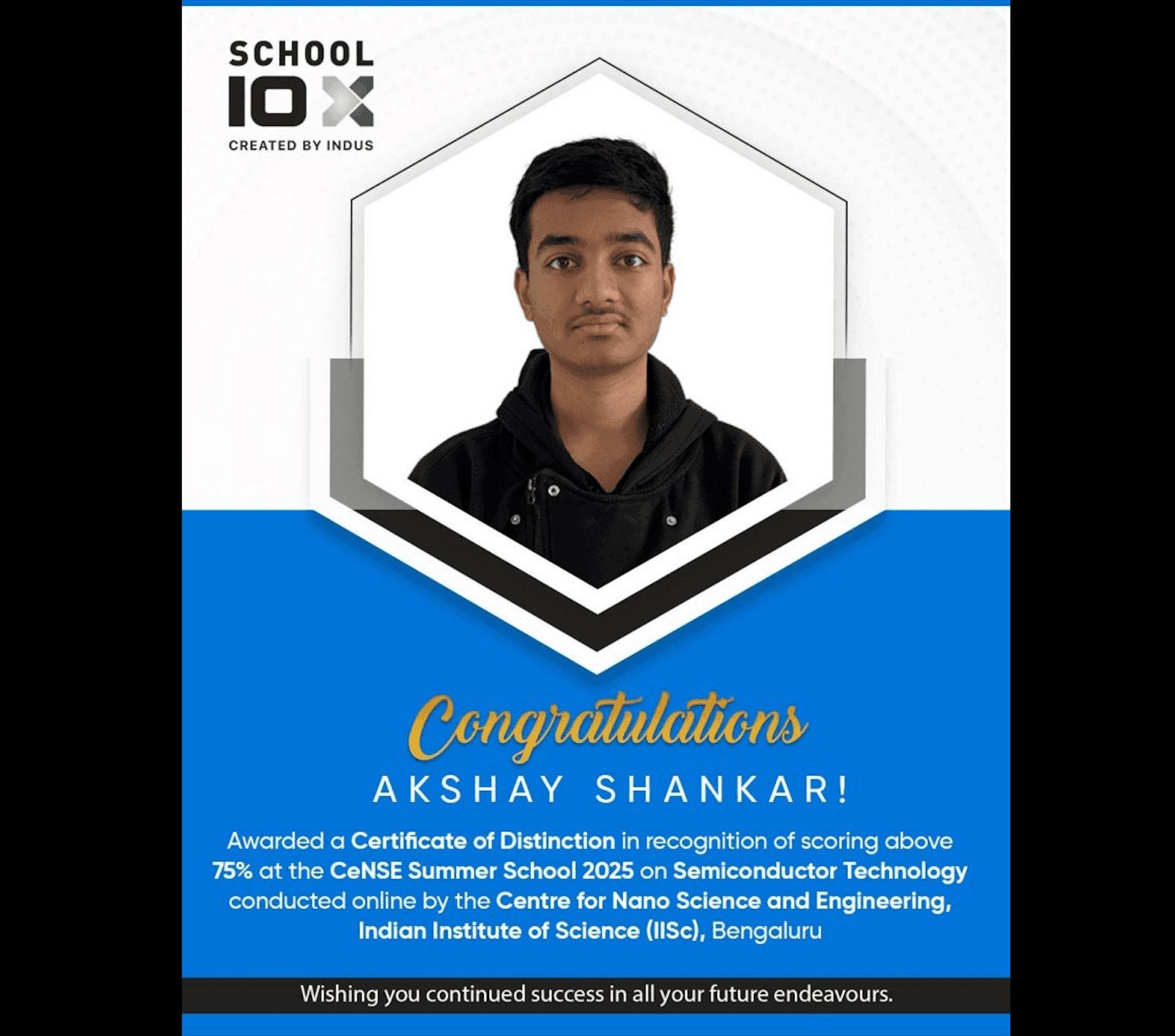 Certificate of Distinction at CeNSE Summer School, IISc Bengaluru